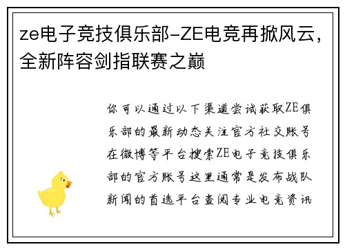 ze电子竞技俱乐部-ZE电竞再掀风云，全新阵容剑指联赛之巅